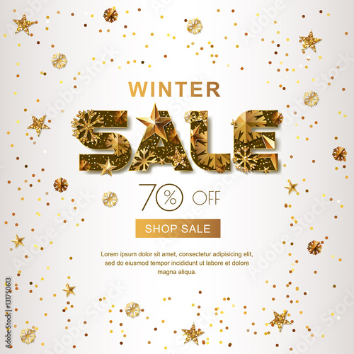 Winter sale banners with 3d gold stars and snowflakes. Vector winter holidays poster, golden white background. Layout for discount labels, flyers and shopping.