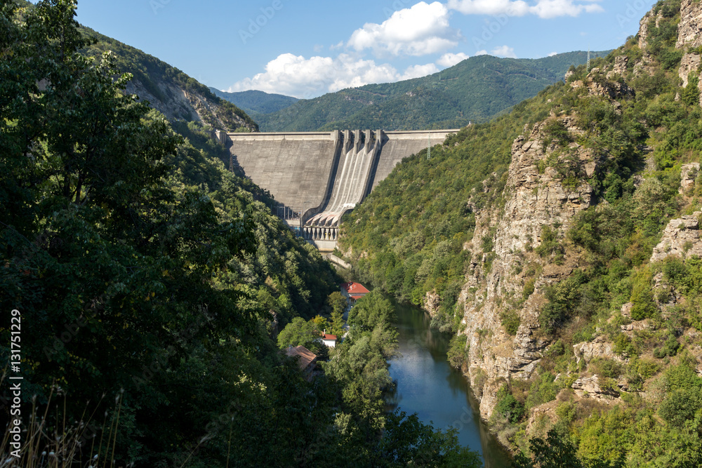 Fototapeta premium Landscape with Dam of the Vacha (Antonivanovtsy) Reservoir, Rhodopes Mountain, Bulgaria