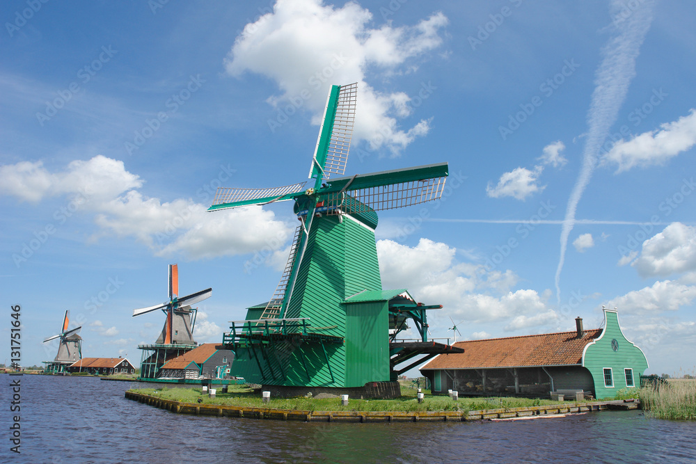 Zaanse Schans near Zaandijk in the Netherlands with collection of well-preserved historic windmills
