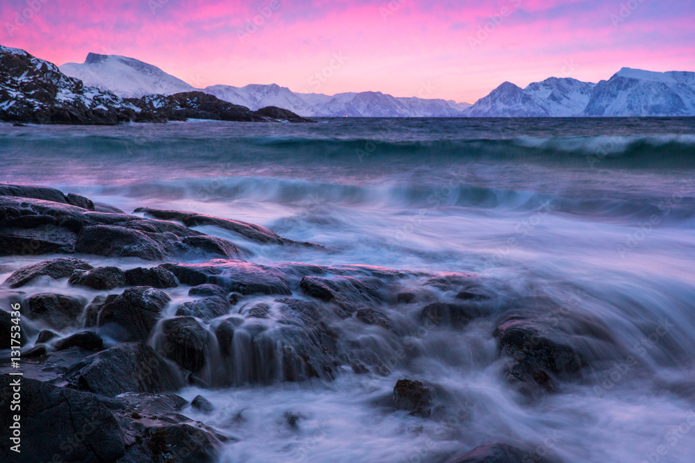 Fototapeta premium An arctic beach in the polar night periode