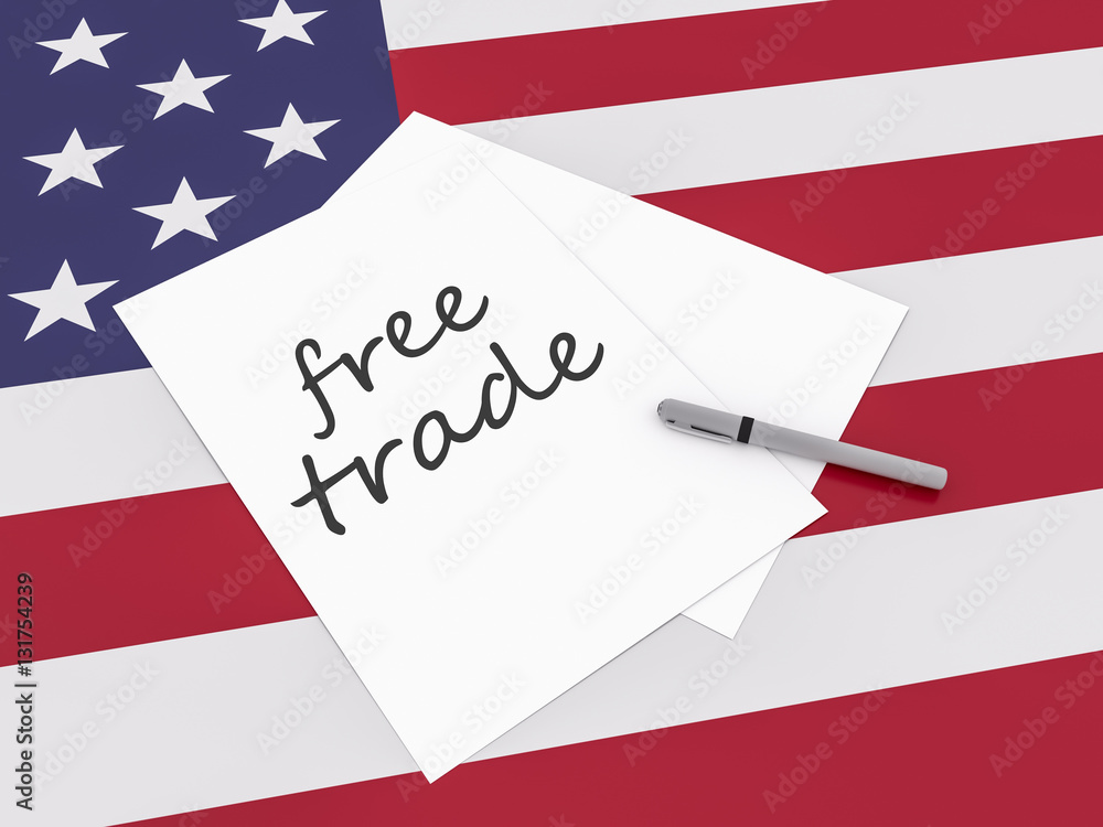 Note Free Trade With Pen On US Flag Stars And Stripes, 3d illustration