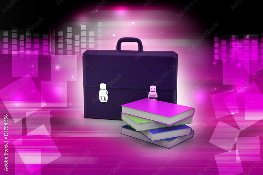 leather briefcase and books