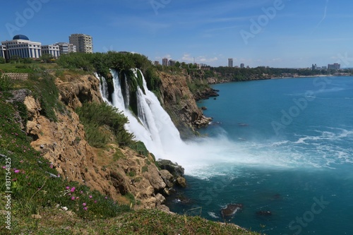 Duden Waterfall in Antalya and the Mediteranian Sea in Turkey
