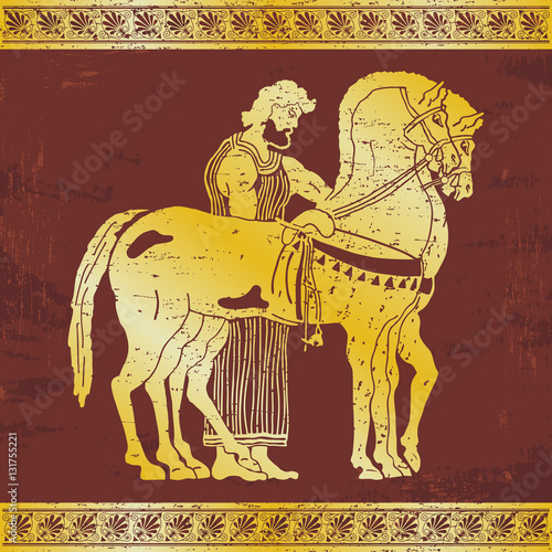 Greek style drawing. Warrior in tunic equips horses. Gold pattern on a brown background.