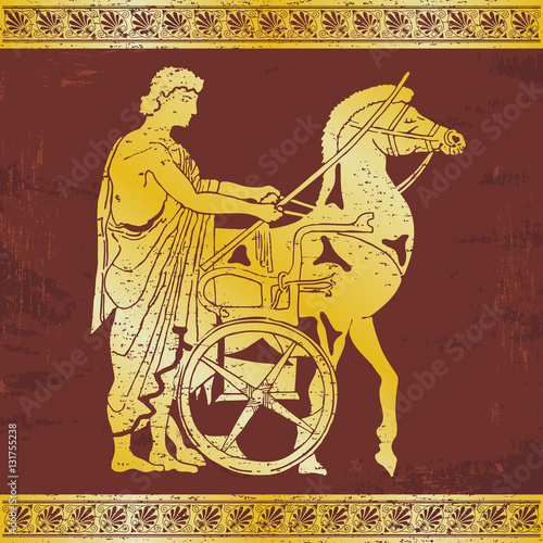 Greek style drawing. Warrior in tunic equips horses. Gold pattern on a brown background.