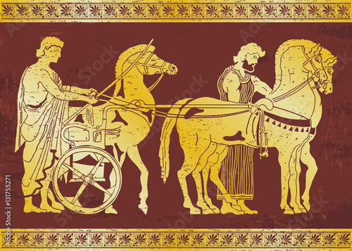 Greek style drawing. Warriors in tunic equips horses. Gold pattern on a brown background.