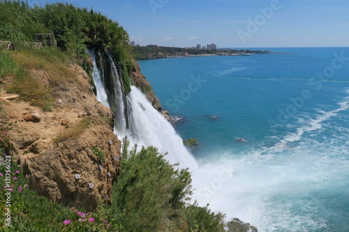 Duden Waterfall and the Mediteranian Ocean in Antalya