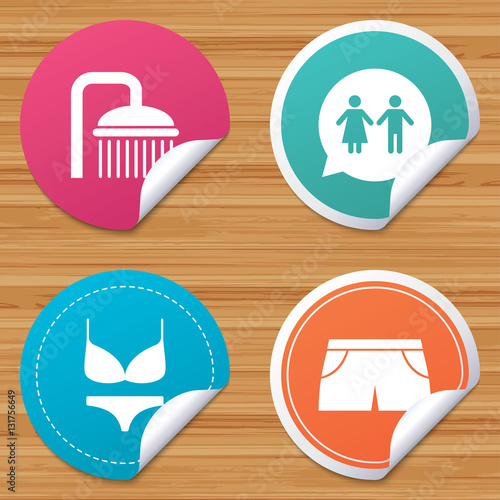 Swimming pool icons. Shower and swimwear signs.