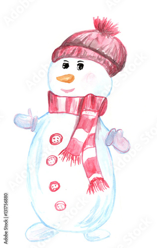 Snowman watercolor painting, hand drawn illustration