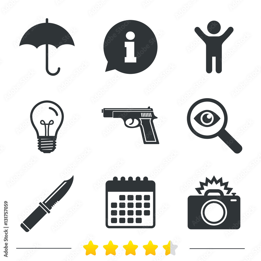 Gun weapon. Knife, umbrella and photo camera. Gun weapon. Knife, umbrella and photo camera.