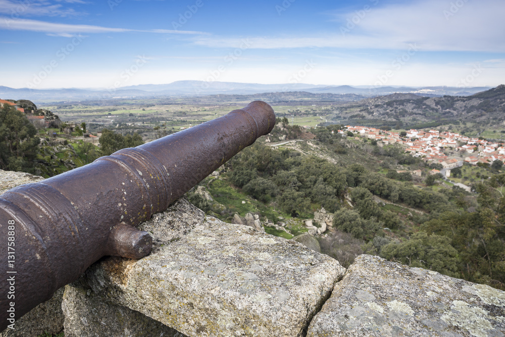 Ancient cannon on a stone wall in Monsanto village, municipality of Idanha-a-Nova, Portugal