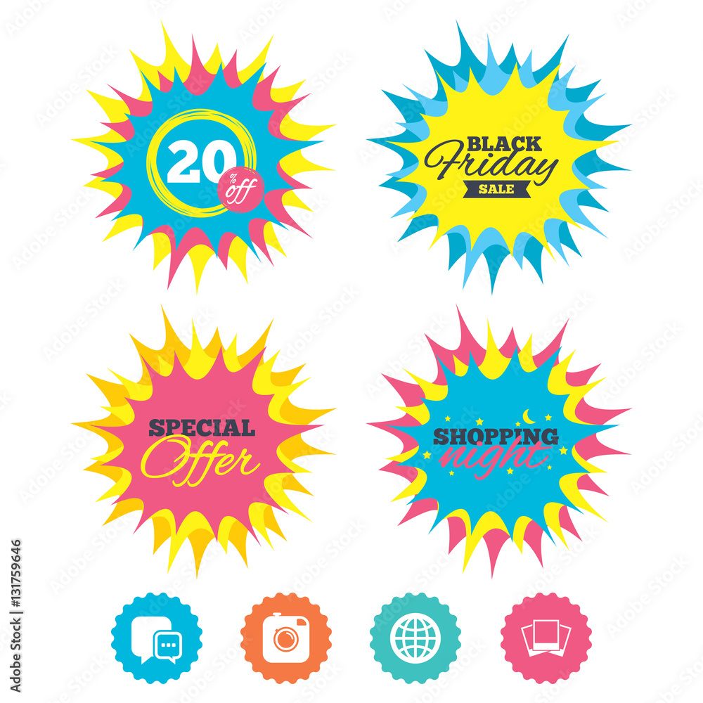 Social media icons. Chat speech bubble and Globe. Social media icons. Chat speech bubble and Globe.