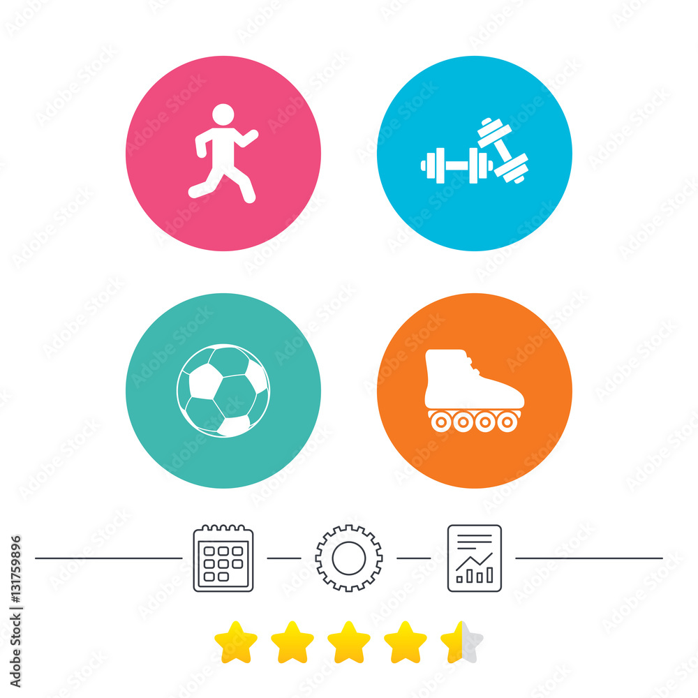 Football ball, Roller skates, Running icons. Football ball, Roller skates, Running icons.