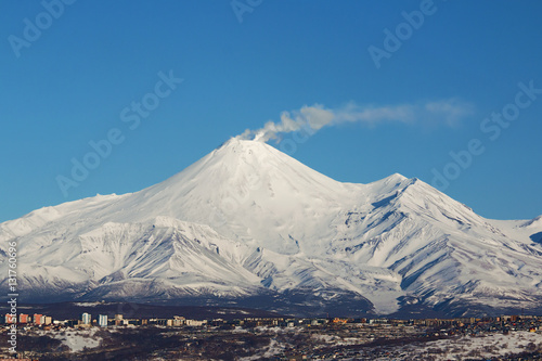 city of Petropavlovsk Kamchatsky Russia amid the Smoking of Avachinsky volcano