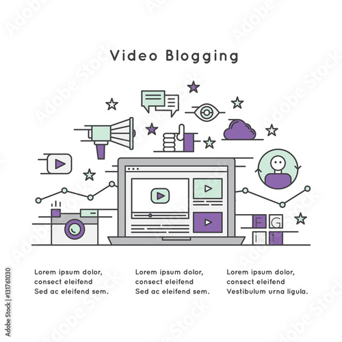 Vector Modern Icon Style Illustration of Video Blogging Online Channel with Followers and Exclusive Content