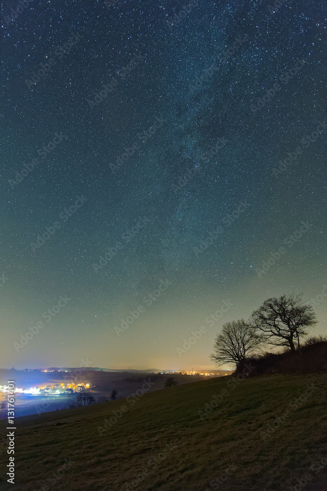 Night sky with the milky way as seen from a hill near Muehlingen in Germany.