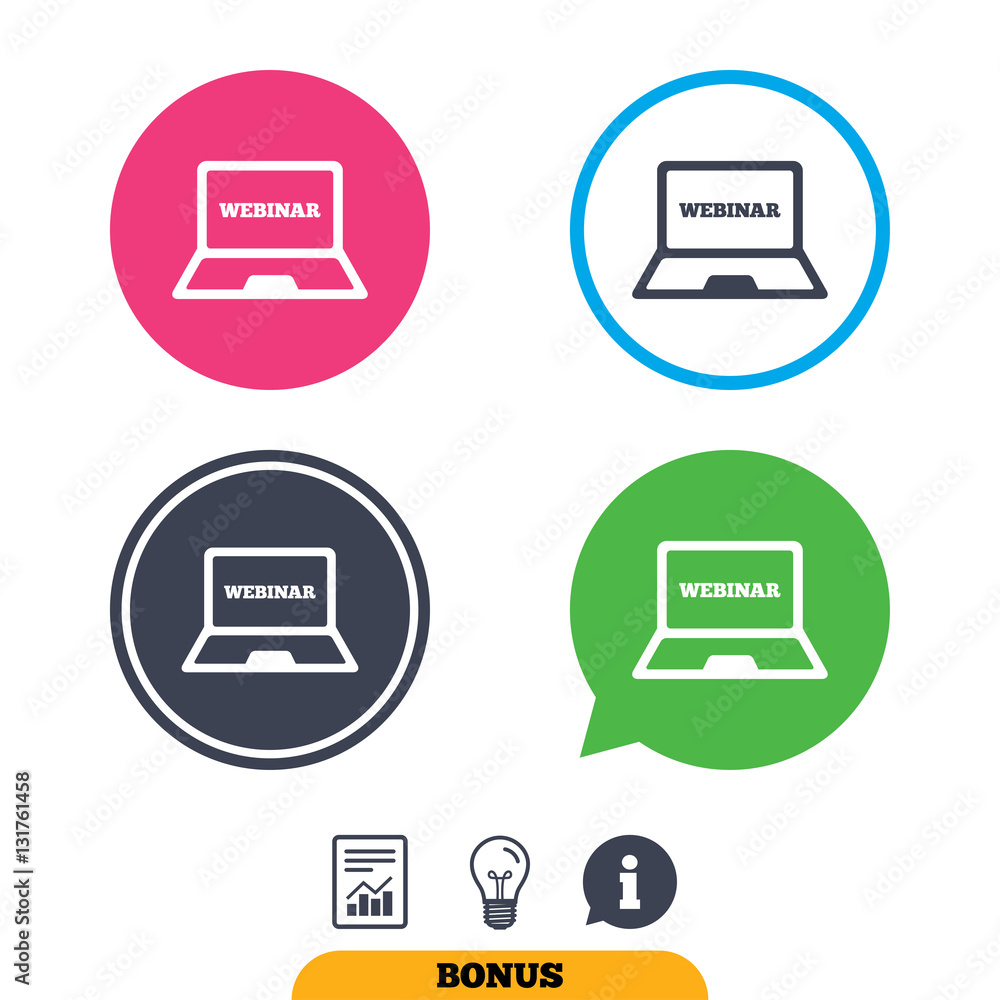 Webinar laptop sign icon. Notebook Web study. Webinar laptop sign icon. Notebook Web study.
