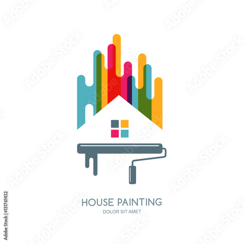 Vector logo, label or emblem design. House painting service, decor and repair multicolor isolated icon. Concept for home decoration, building, house construction and staining.