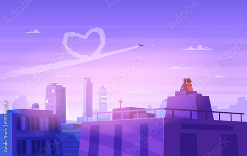Obraz romantyczna ilustracja, zakochani chłopiec i dziewczyna patrzą na miasto