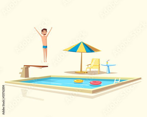 Man jumping. Swimming pool with a diving board. Cartoon Vector illustration