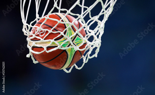 Basketball ball goes through the basket, net