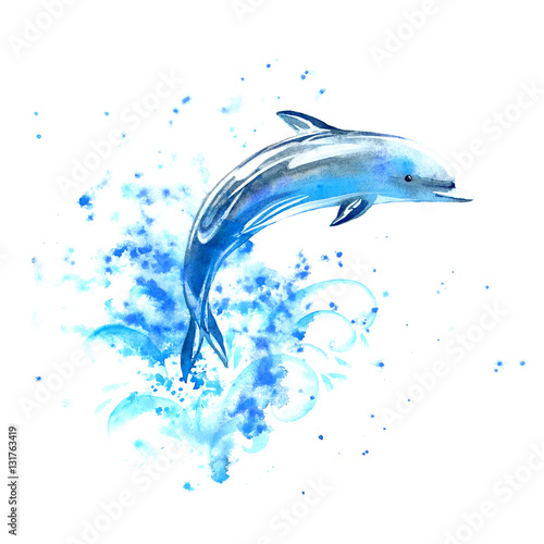 Obraz na płótnie Błękitny delfin i fala Akwareli ręka rysująca ilustracja. Obraz podwodnego zwierzęcia.