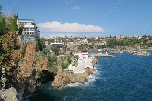 Antalya-Kaleici  Harbour and the old City Walls with the Mediterranian Sea  in Turkey