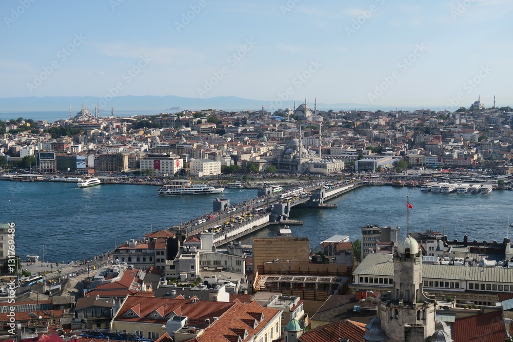 Galata Bridge, the Golden Horn and Bosphorus in Istanbul, Turkey