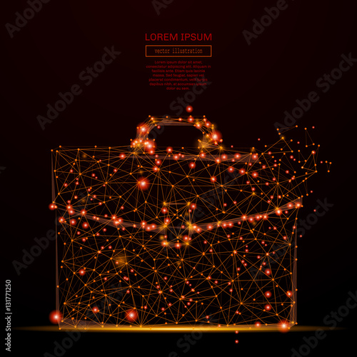 Abstract mash line and point briefcase in flames style on dark background with an inscription. Business portfolio of a starry sky or space, consisting of stars and the universe. Vector illustration