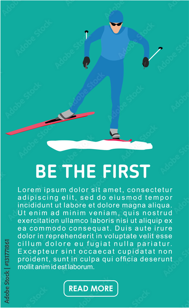 Winter sport banner. Flat style vector illustration. Winter cross country skiing, freestyle. Male skier runs