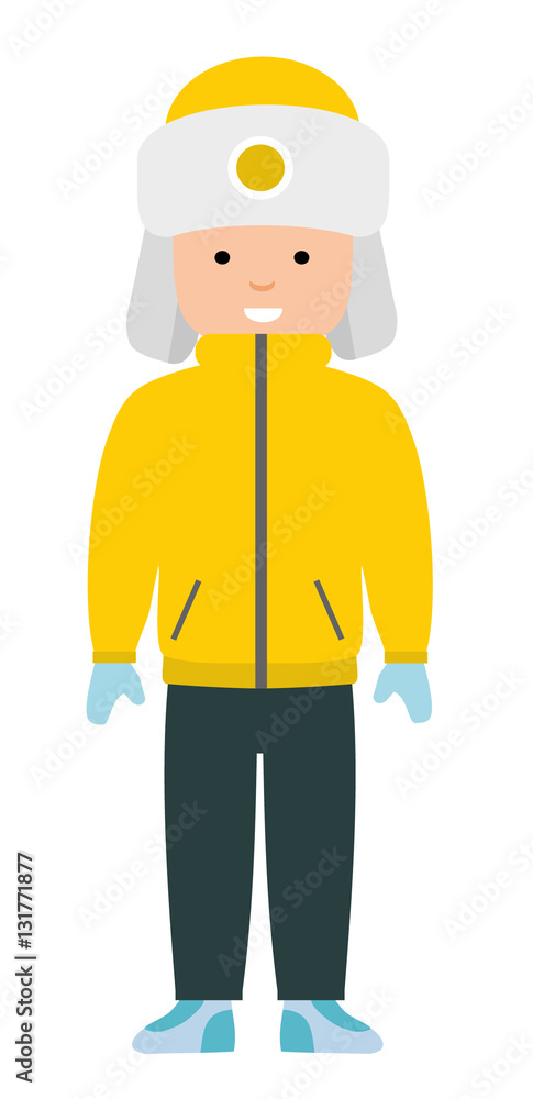 Fun boy in winter sports the jacket and pants on a white background. Winter kid activity flat icon. Vector illustration Fun boy in winter sports the jacket and pants on a white background. Winter kid activity flat icon. Vector illustration