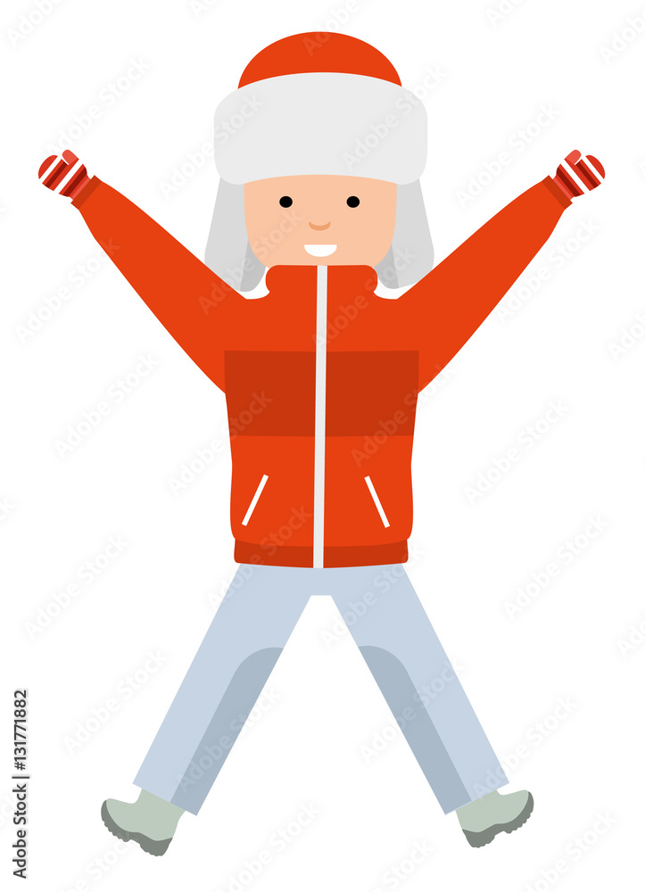 Boy in winter clothes jumping for joy. Illustration on white background. Isolated flat style illustration. Boy in winter clothes jumping for joy. Illustration on white background. Isolated flat style illustration.