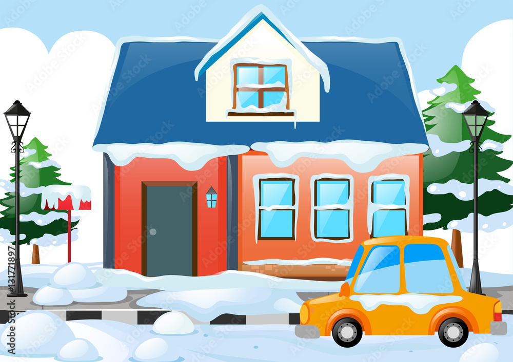 Scene with house and car covered by snow