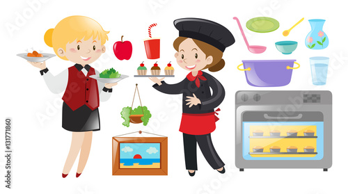 Waitress and chef working in restaurant