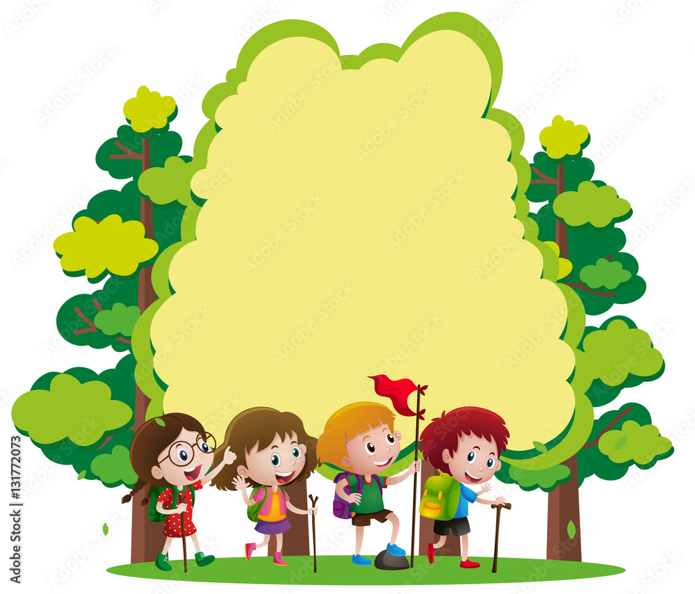 Border template with kids hiking in woods Border template with kids hiking in woods