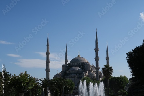 Famous Blue Mosque - Sultan-Ahmet-Camii as seen from the Fountain in the Park, in Istanbul, Turkey