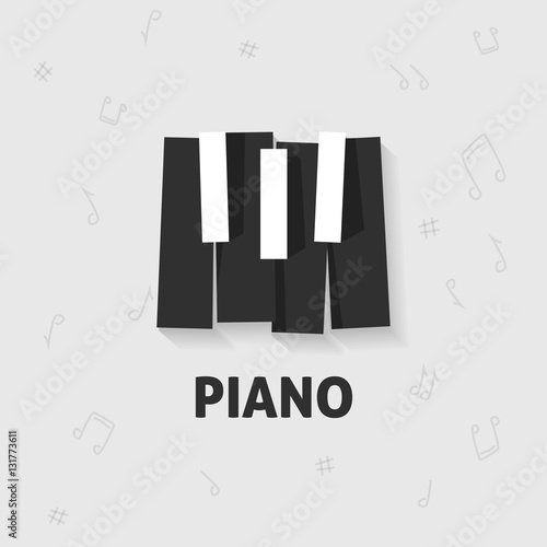 Piano keys vector flat black and white logo emblem, piano keyboard poster, music lesson symbol isolated on gray notes background