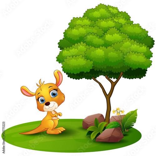 Cartoon kangaroo under a tree on a white background