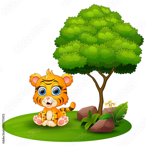 Fototapeta Naklejka Na Ścianę i Meble -  Cartoon tiger sitting under a tree on a white background