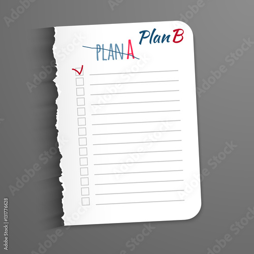 White sheet with the inscription corrected plan B.  A New Leaf  jagged edges for record of completed tasks. Vector illustration isolated on  dark background. Place marking  .