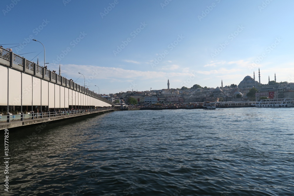 Famous Galata Bridge, Golden Horn and Suleymaniye Mosque in Istanbul, Turkey