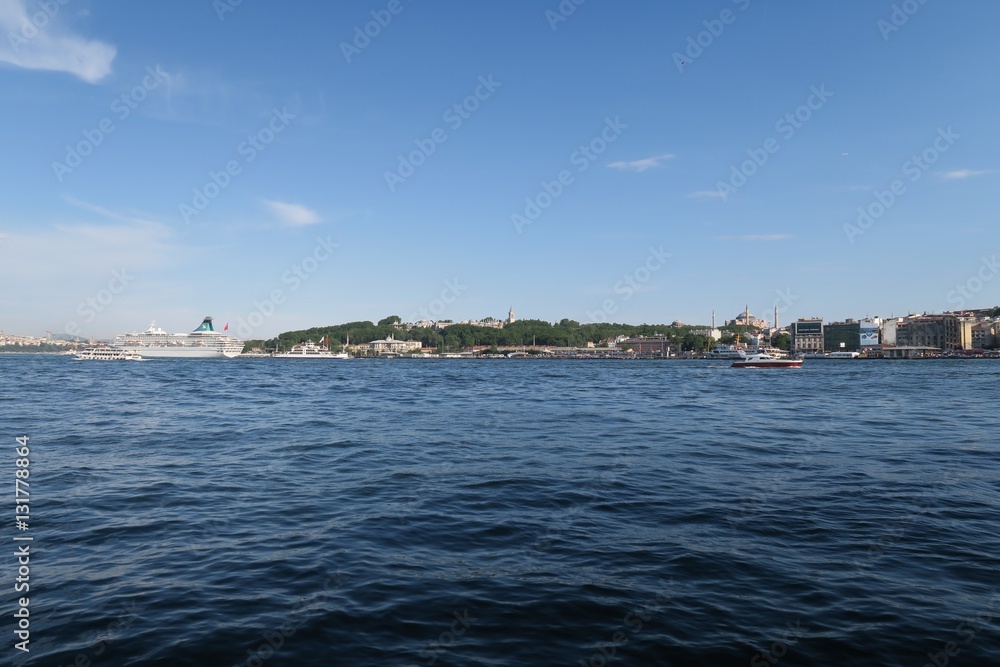 View from the Golden Horn at Istanbuls Oldtown Sultanahmet with Hagia Sophia and the Topkapi Palace, Turkey