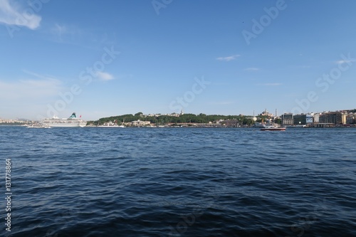 View from the Golden Horn at Istanbuls Oldtown Sultanahmet with Hagia Sophia and the Topkapi Palace, Turkey