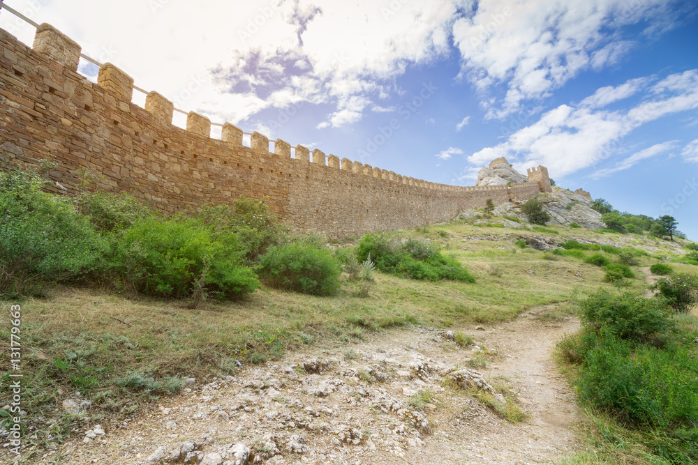 wall of ancient fortress / bright summer landscape travel Crimea