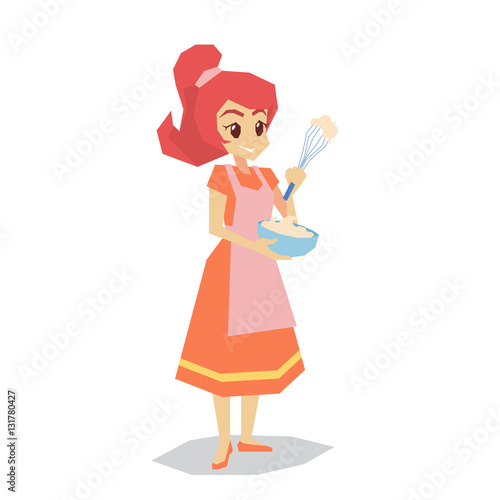 happy housewife holding bowl and whisk Cartoon isolated on white background