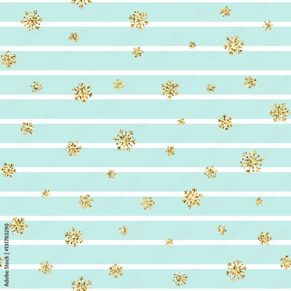 Christmas gold snowflake seamless pattern. Golden glitter snowflakes on blue white lines background. Winter snow texture design wallpaper Symbol holiday, New Year celebration Vector illustration Christmas gold snowflake seamless pattern. Golden glitter snowflakes on blue white lines background. Winter snow texture design wallpaper Symbol holiday, New Year celebration Vector illustration