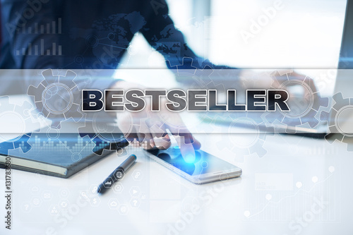 Businessman working in office, pressing button on virtual screen and selecting bestseller.