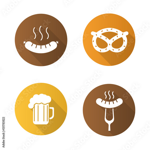 Octoberfest beer and snacks flat design long shadow icons set