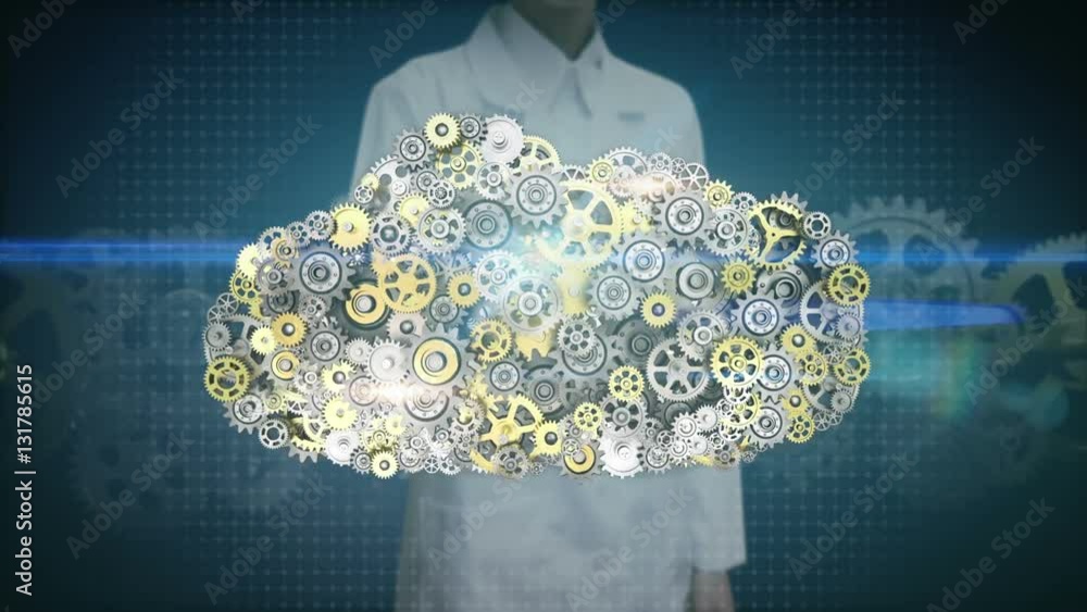 Female researcher, Engineer touching screen, Gears making cloud ...