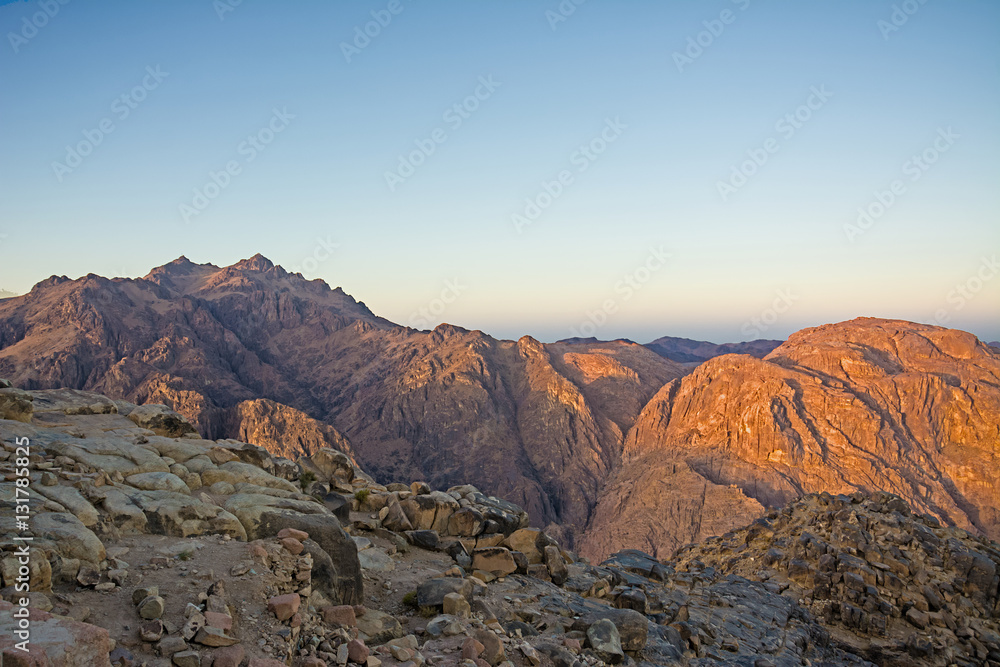 Mount Moses desert sunrise. Nature Background with sky and rocks
